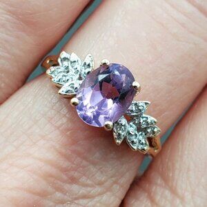 Stamped 14K Fine Yellow Gold Amethyst Diamond Accent Ring Vintage